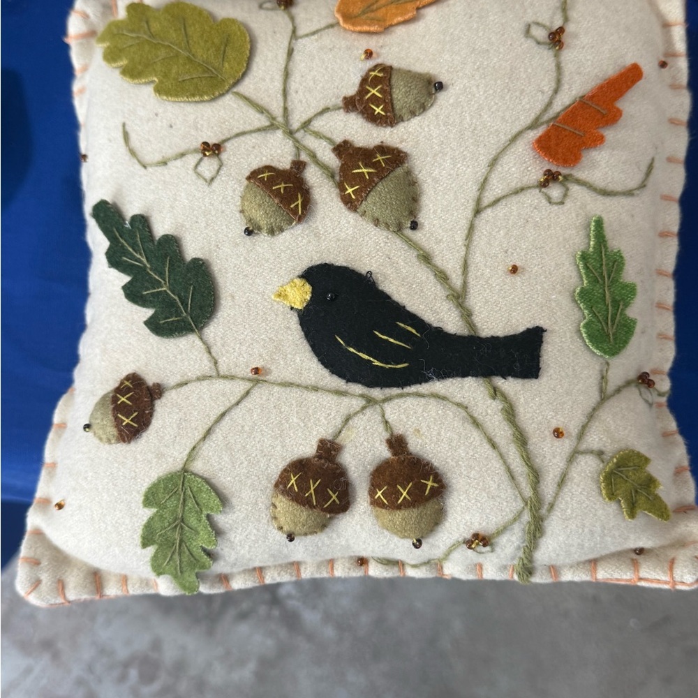 Handmade Fall Bird & Acorn Embroidered Pillow